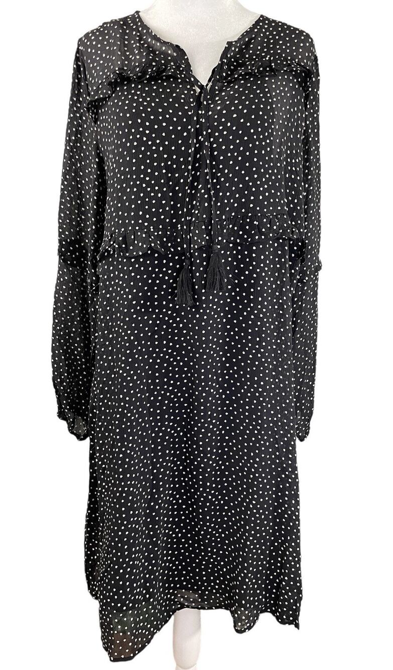 Garnet Hill S Shift Dress Silk Lined Ruffles Black Polka Dot Long Sleeve Tassels